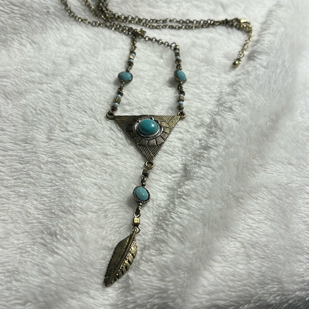 Necklace, brass and turquoise. Southwest look, feather, beads. Nice brass chain.
